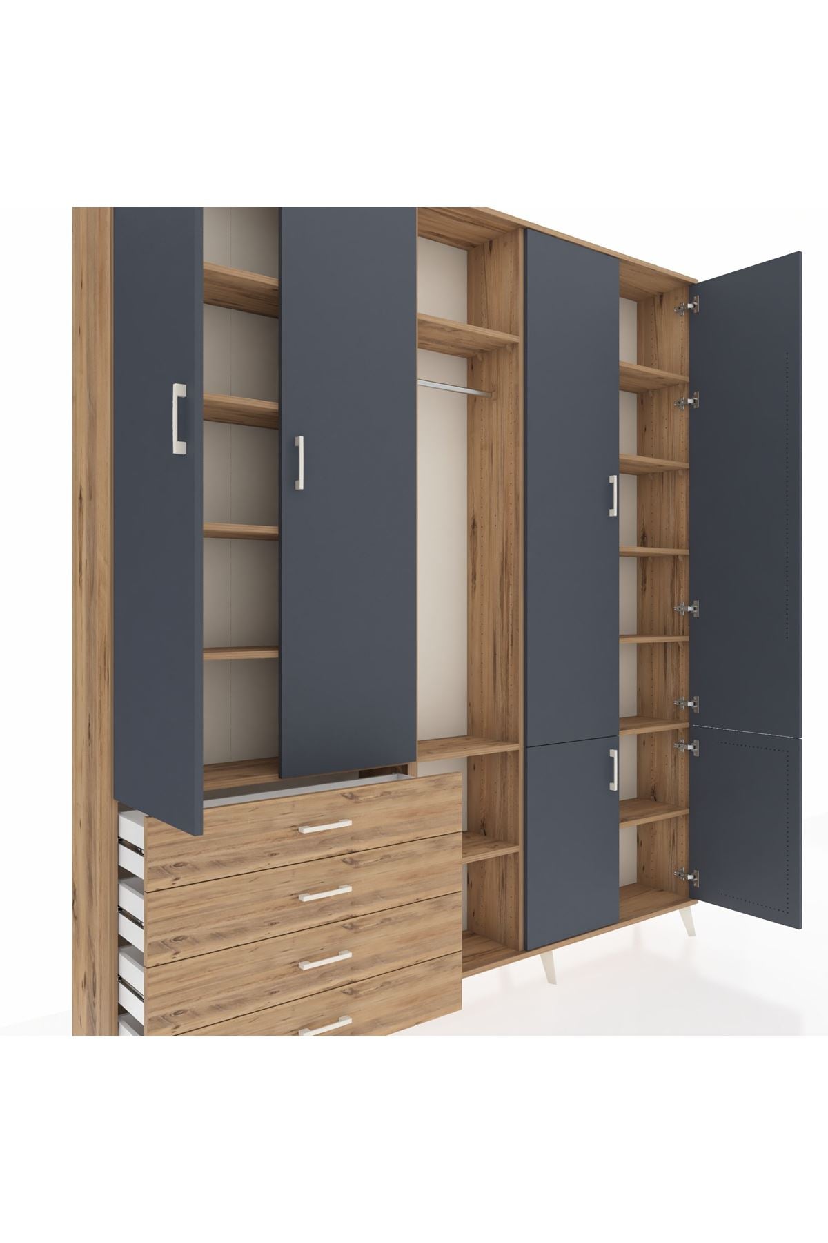 Arges Dolap 14 Raflı 4 Çekmeceli Tek Askılı 220x30x243 Çam-Antrasit/Çam