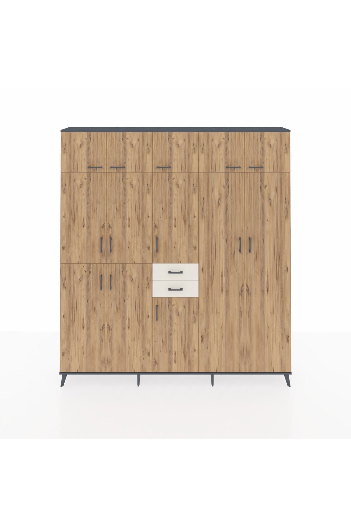 Arges Dolap 10 Raflı 2 Çekmeceli 3 Askılı 220x30x243 Antrasit-Çam/Aytaşı