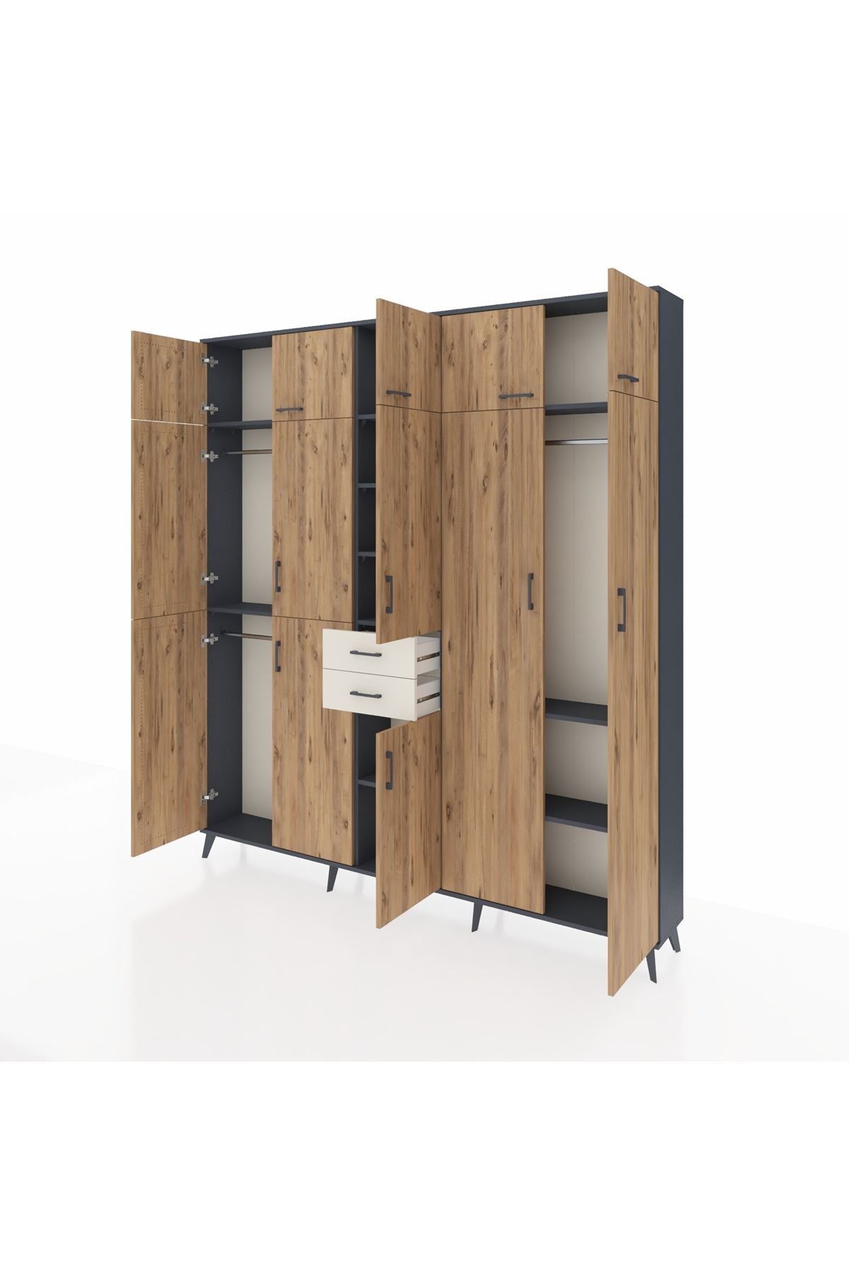 Arges Dolap 10 Raflı 2 Çekmeceli 3 Askılı 220x30x243 Antrasit-Çam/Aytaşı