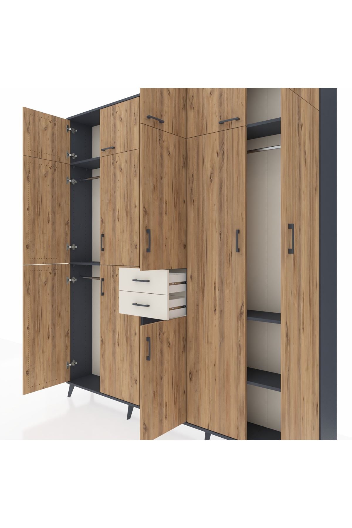 Arges Dolap 10 Raflı 2 Çekmeceli 3 Askılı 220x30x243 Antrasit-Çam/Aytaşı