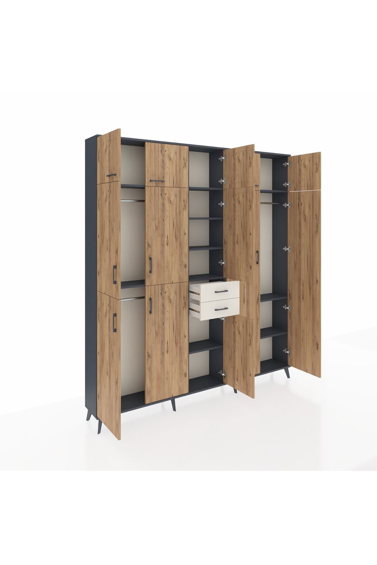 Arges Dolap 10 Raflı 2 Çekmeceli 3 Askılı 220x30x243 Antrasit-Çam/Aytaşı