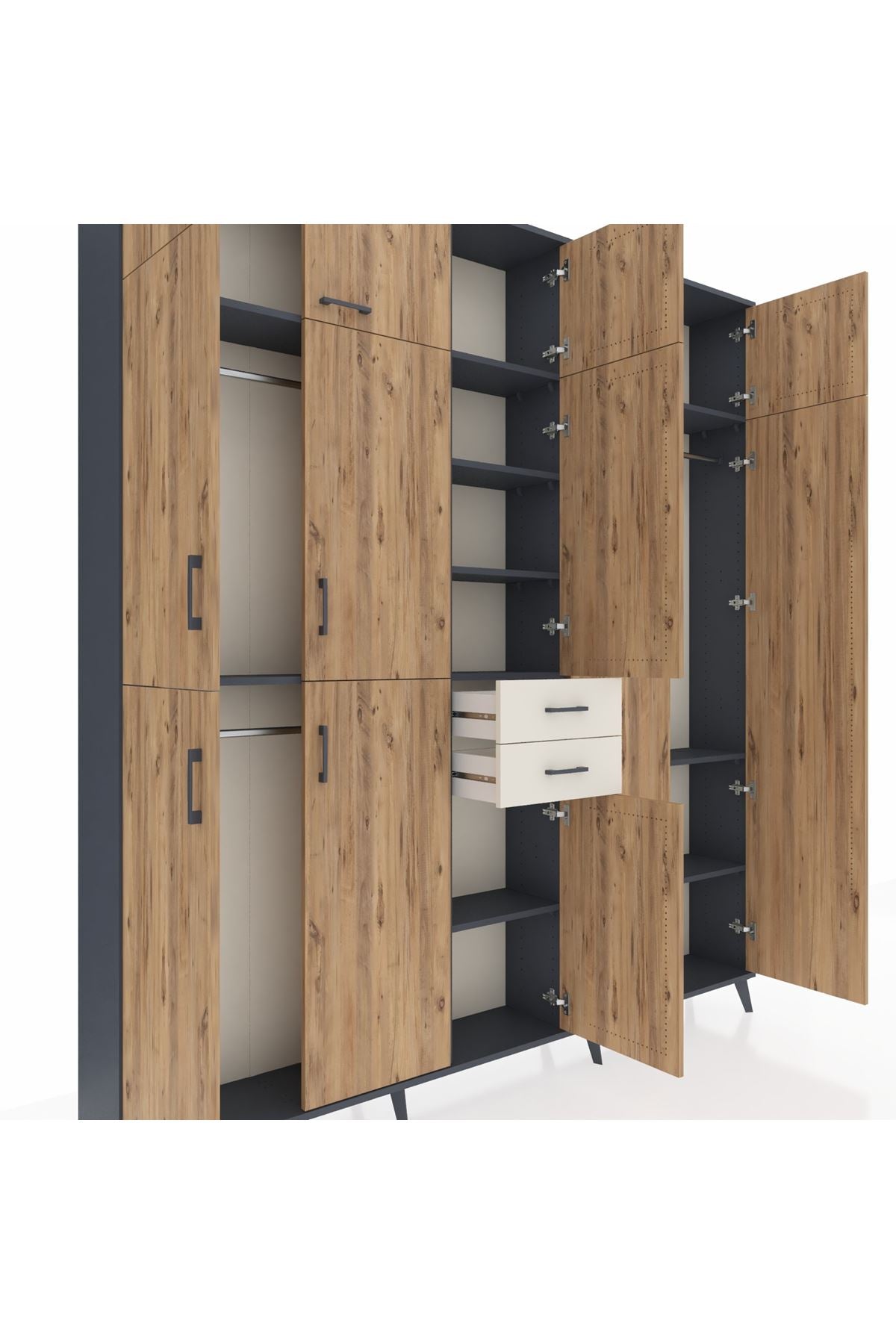 Arges Dolap 10 Raflı 2 Çekmeceli 3 Askılı 220x30x243 Antrasit-Çam/Aytaşı