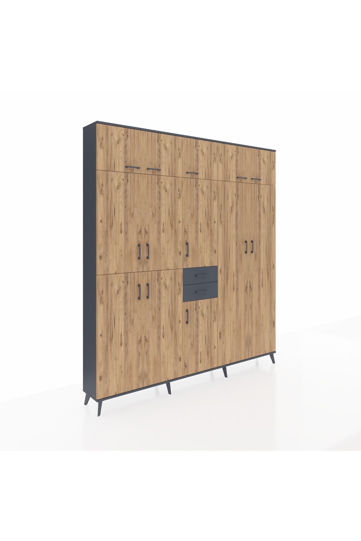 Arges Dolap 10 Raflı 2 Çekmeceli 3 Askılı 220x30x243 Antrasit-Çam/Antrasit