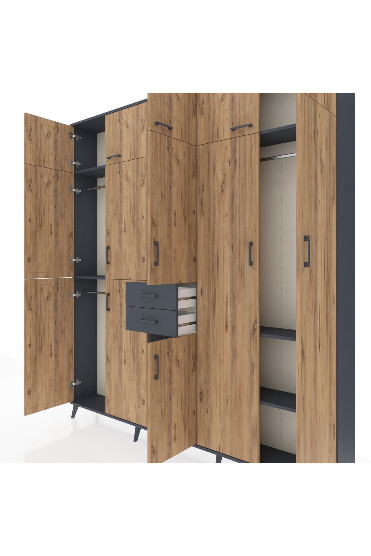 Arges Dolap 10 Raflı 2 Çekmeceli 3 Askılı 220x30x243 Antrasit-Çam/Antrasit