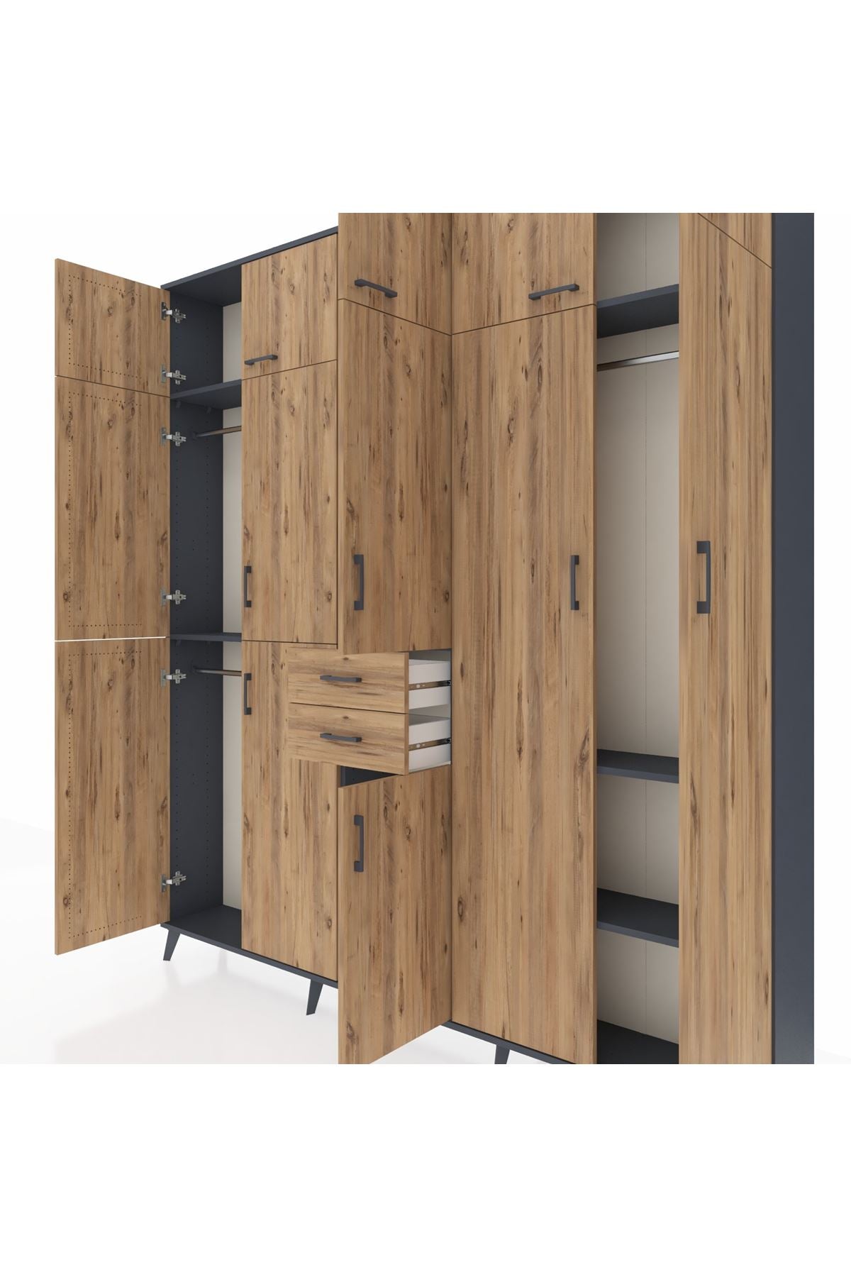 Arges Gardrop 10 Raflı 2 Çekmeceli 3 Askılı 220x30x243 Antrasit-Çam