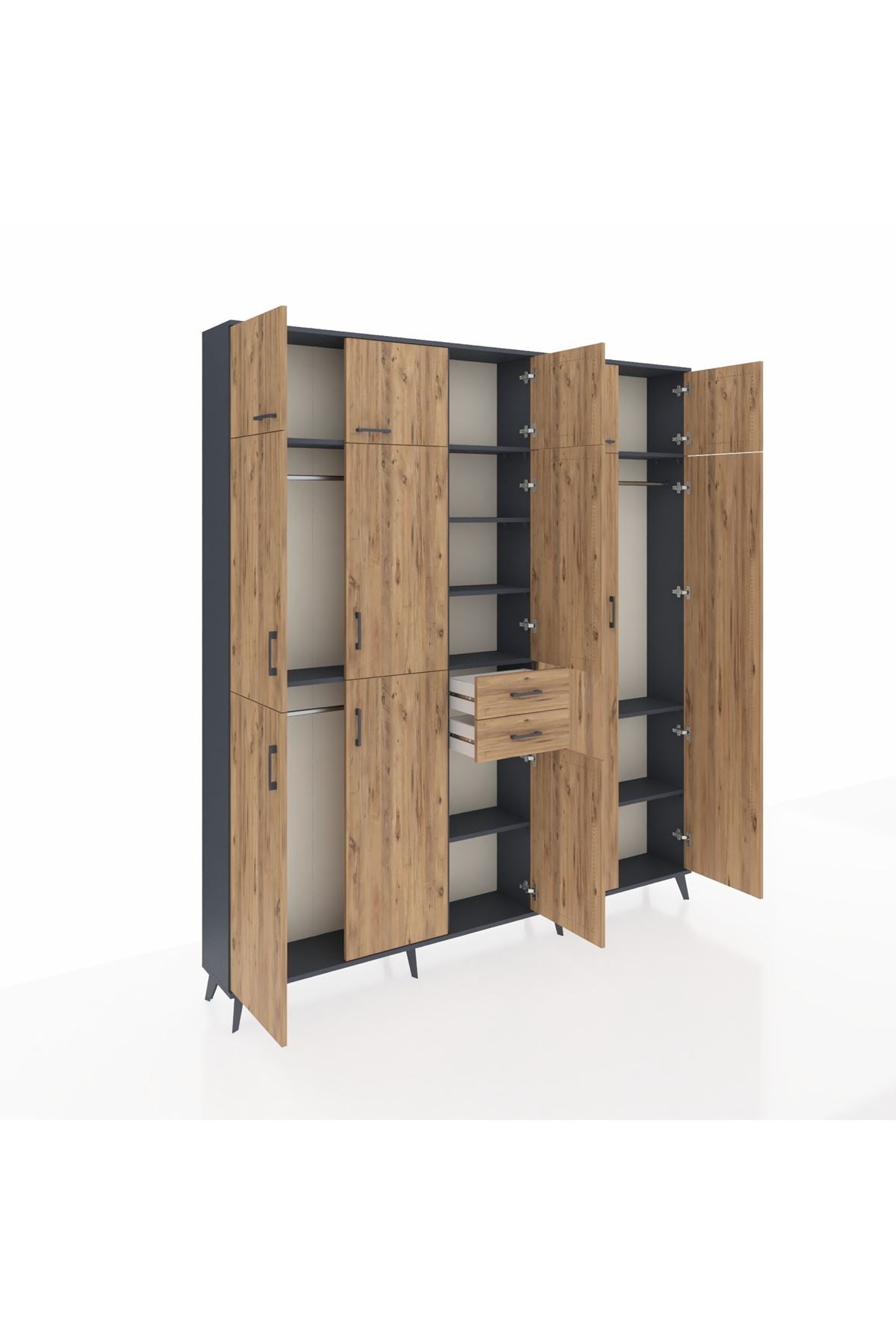 Arges Gardrop 10 Raflı 2 Çekmeceli 3 Askılı 220x30x243 Antrasit-Çam