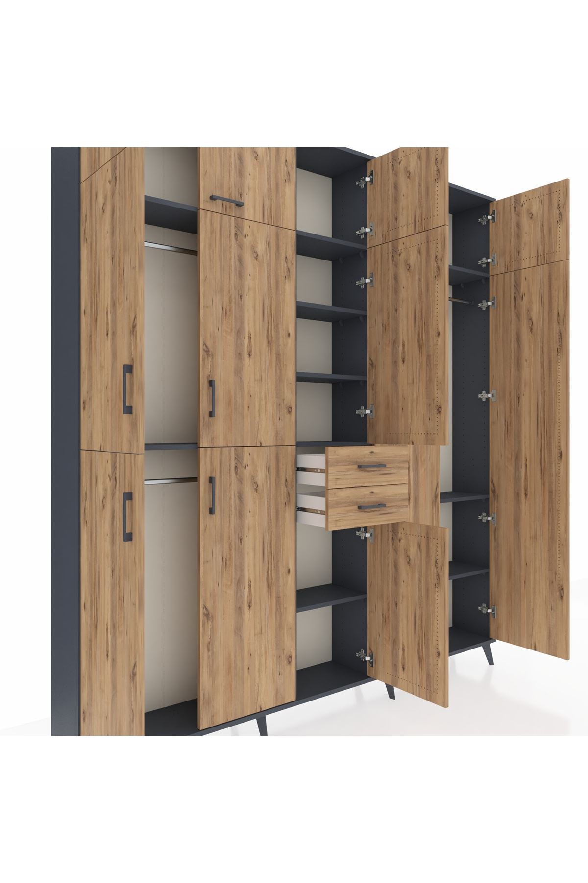 Arges Gardrop 10 Raflı 2 Çekmeceli 3 Askılı 220x30x243 Antrasit-Çam