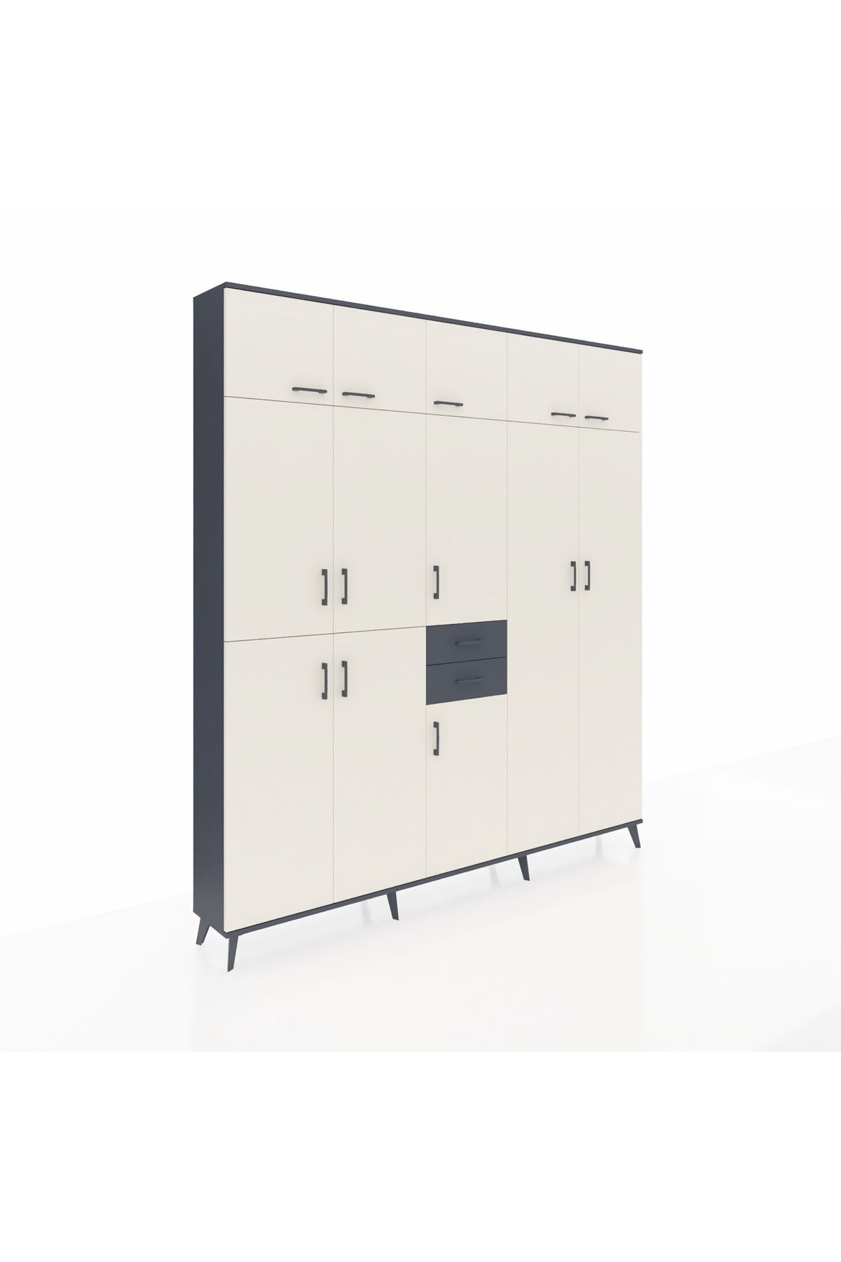 Arges Dolap 10 Raflı 2 Çekmeceli 3 Askılı 220x30x243 Antrasit-Aytaşı/Antrasit