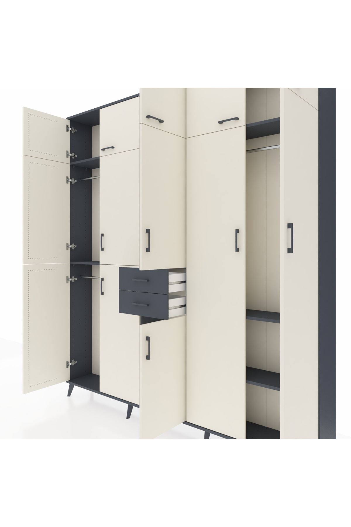 Arges Dolap 10 Raflı 2 Çekmeceli 3 Askılı 220x30x243 Antrasit-Aytaşı/Antrasit