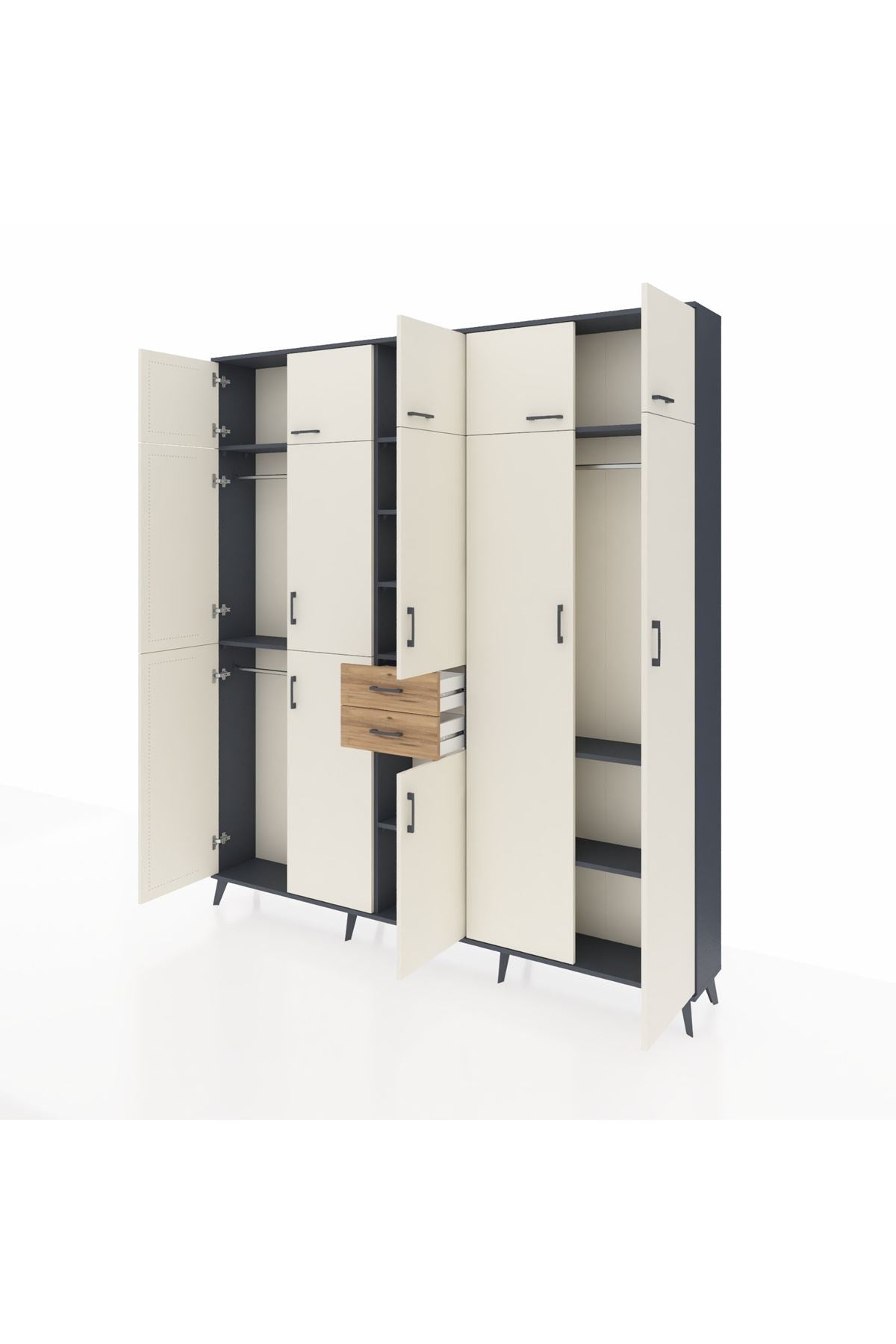 Arges Dolap 10 Raflı 2 Çekmeceli 3 Askılı 220x30x243 Antrasit-Aytaşı/Çam