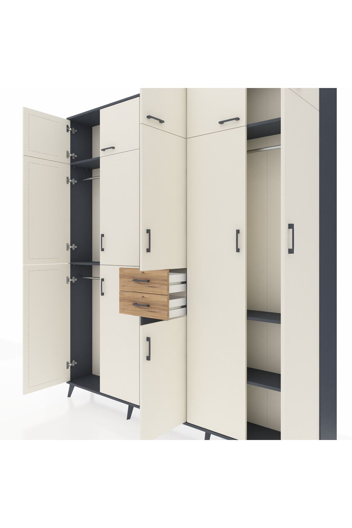 Arges Dolap 10 Raflı 2 Çekmeceli 3 Askılı 220x30x243 Antrasit-Aytaşı/Çam