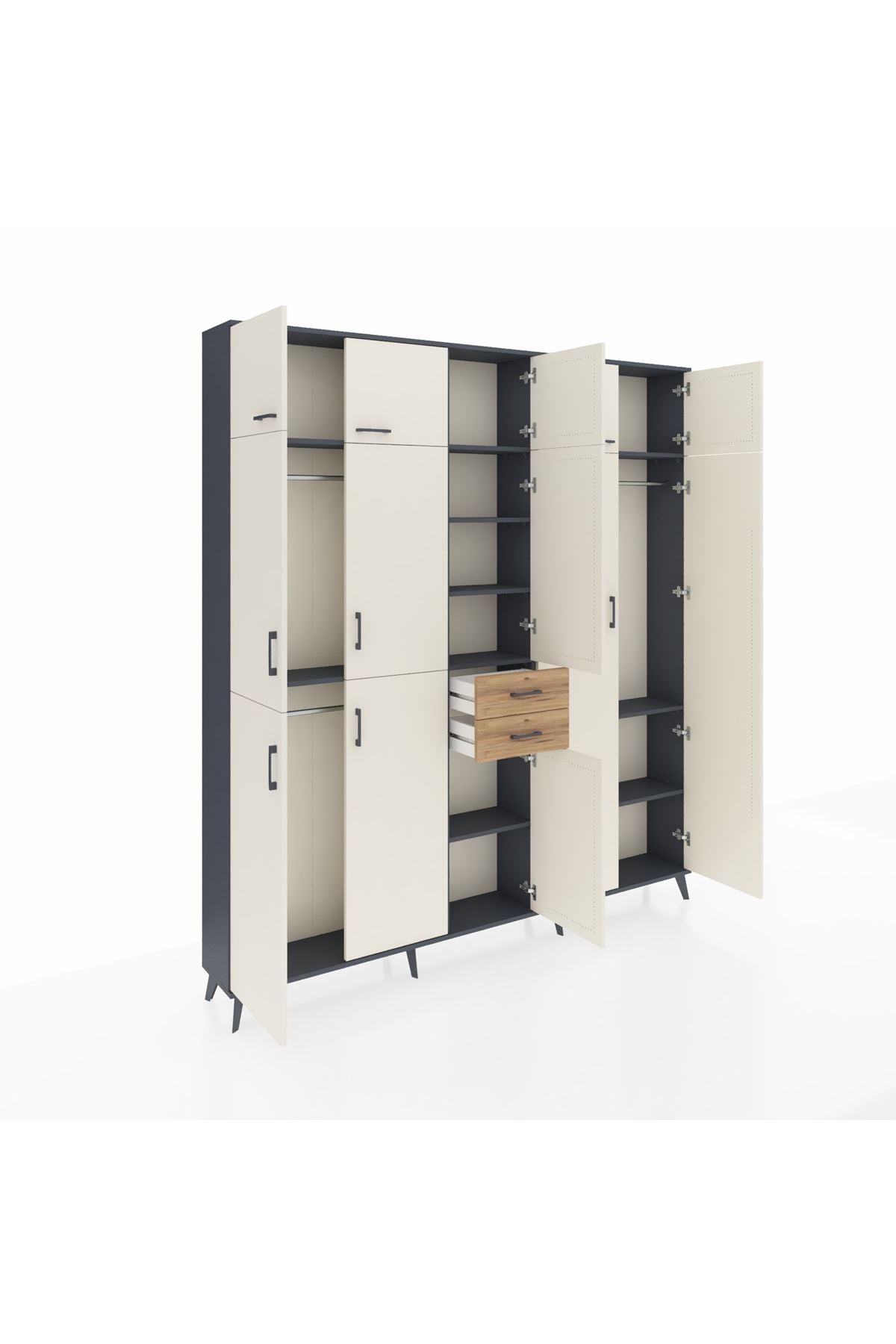 Arges Dolap 10 Raflı 2 Çekmeceli 3 Askılı 220x30x243 Antrasit-Aytaşı/Çam