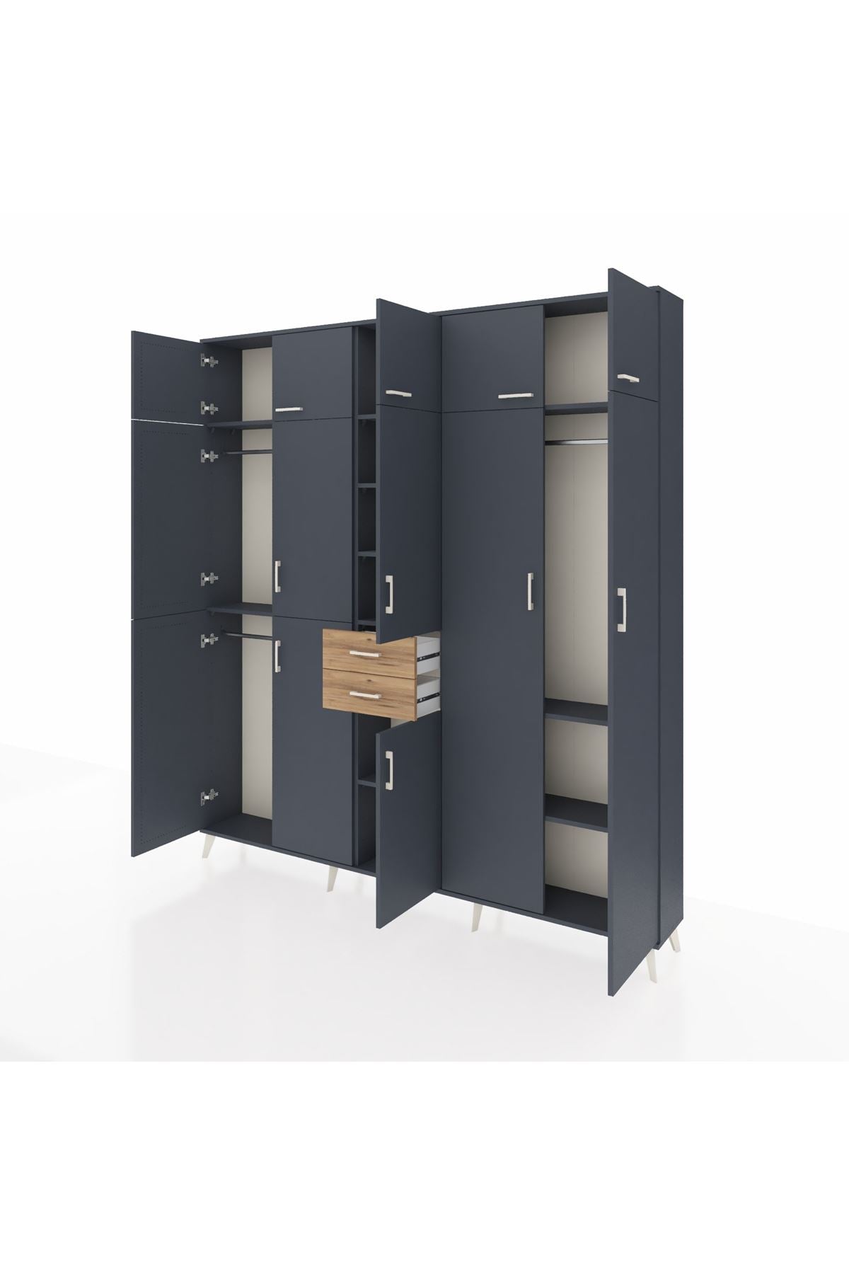 Arges Dolap 10 Raflı 2 Çekmeceli 3 Askılı 220x30x243 Antrasit-Antrasit/Çam