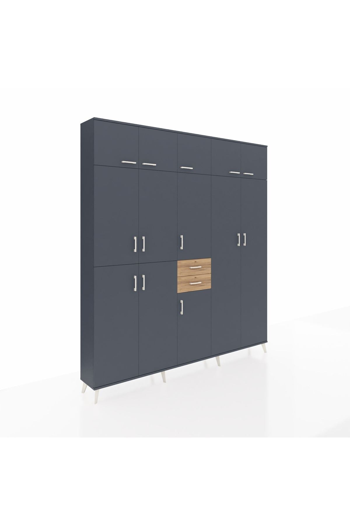 Arges Dolap 10 Raflı 2 Çekmeceli 3 Askılı 220x30x243 Antrasit-Antrasit/Çam