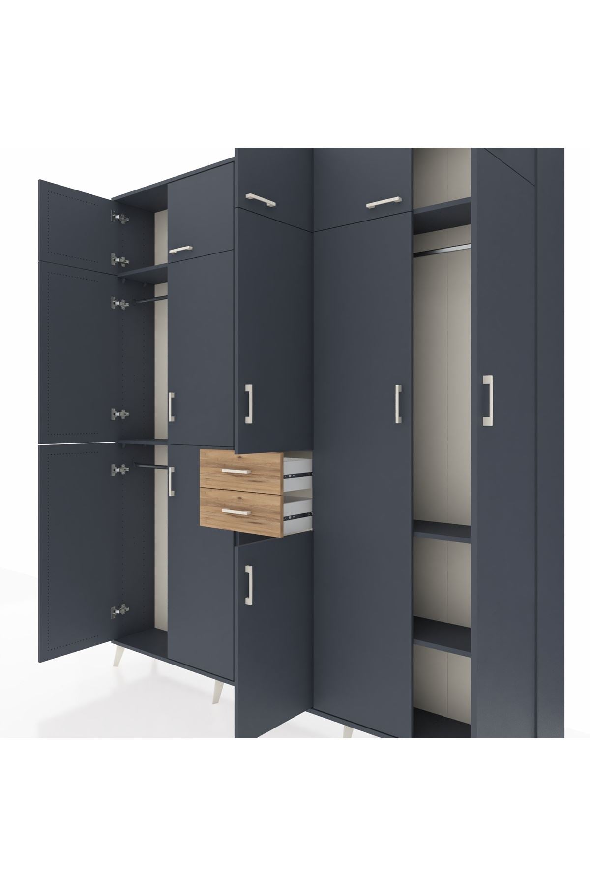 Arges Dolap 10 Raflı 2 Çekmeceli 3 Askılı 220x30x243 Antrasit-Antrasit/Çam