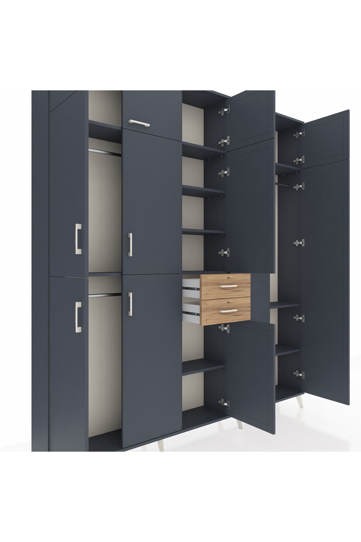 Arges Dolap 10 Raflı 2 Çekmeceli 3 Askılı 220x30x243 Antrasit-Antrasit/Çam