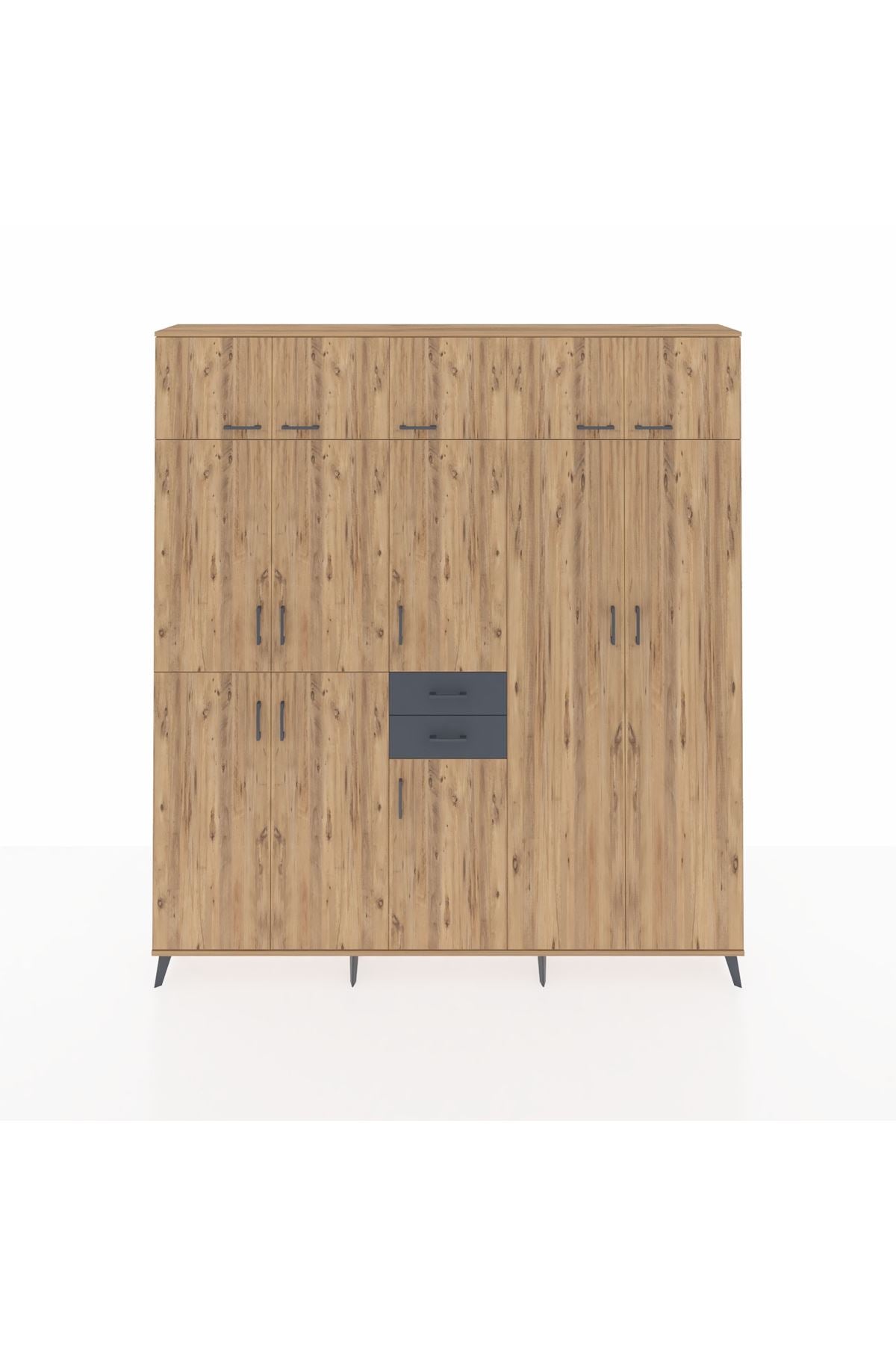 Arges Dolap 10 Raflı 2 Çekmeceli 3 Askılı 220x30x243 Çam-Çam/Antrasit