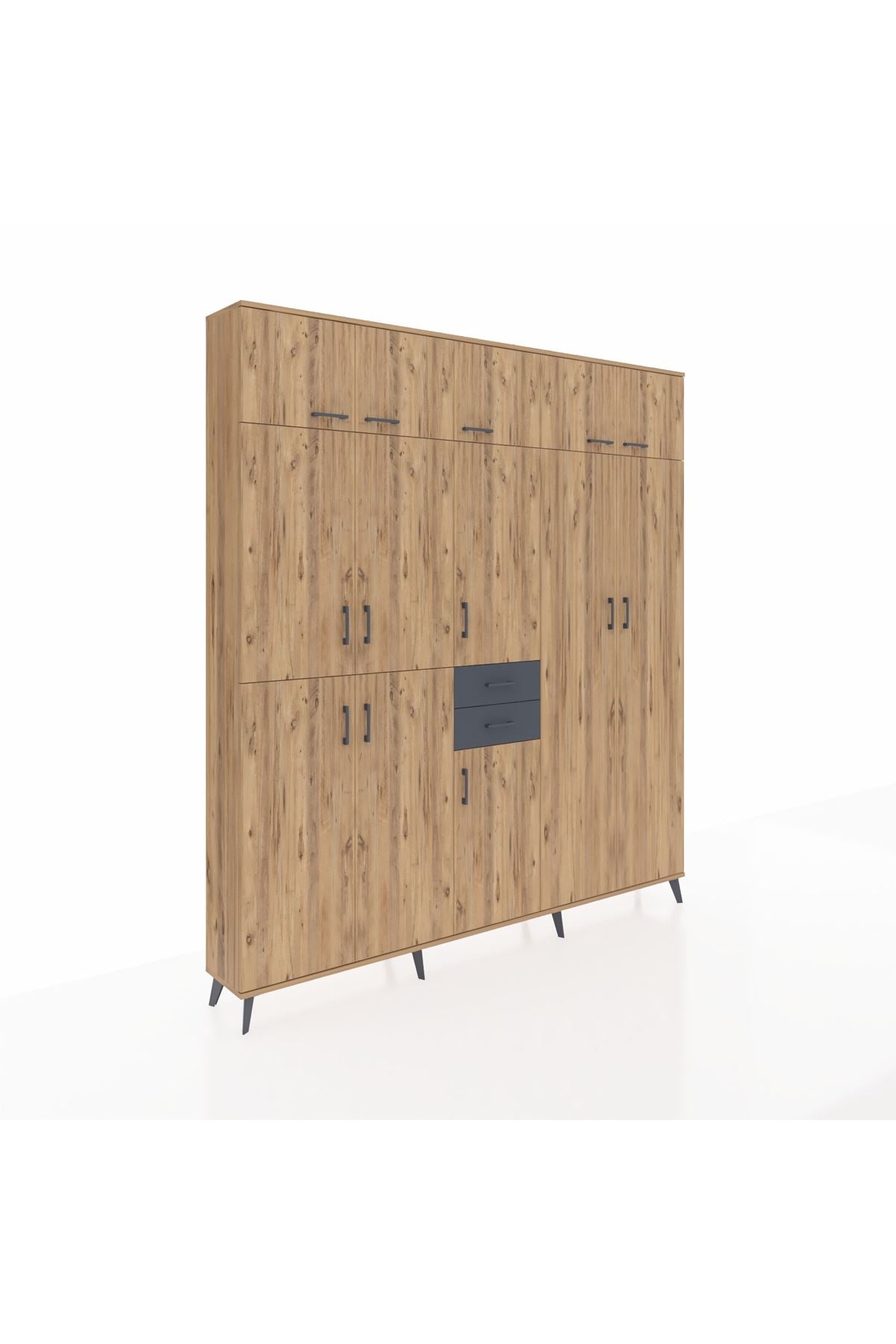 Arges Dolap 10 Raflı 2 Çekmeceli 3 Askılı 220x30x243 Çam-Çam/Antrasit