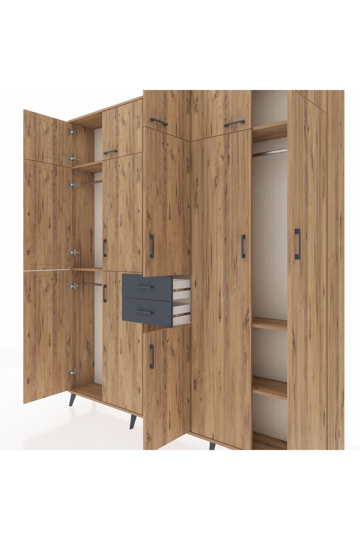 Arges Dolap 10 Raflı 2 Çekmeceli 3 Askılı 220x30x243 Çam-Çam/Antrasit