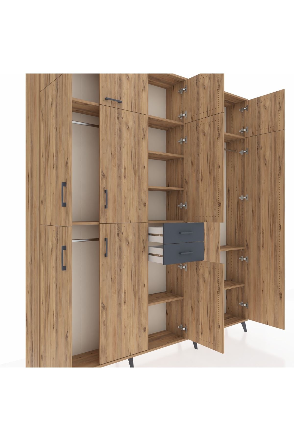 Arges Dolap 10 Raflı 2 Çekmeceli 3 Askılı 220x30x243 Çam-Çam/Antrasit