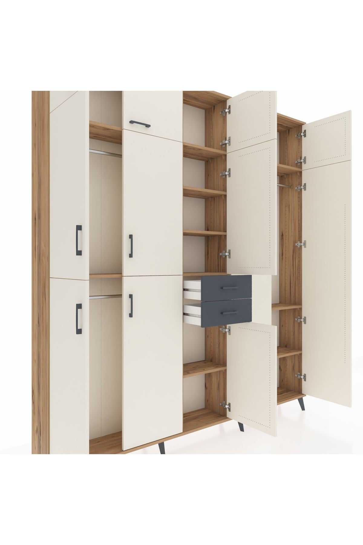 Arges Dolap 10 Raflı 2 Çekmeceli 3 Askılı 220x30x243 Çam-Aytaşı/Antrasit