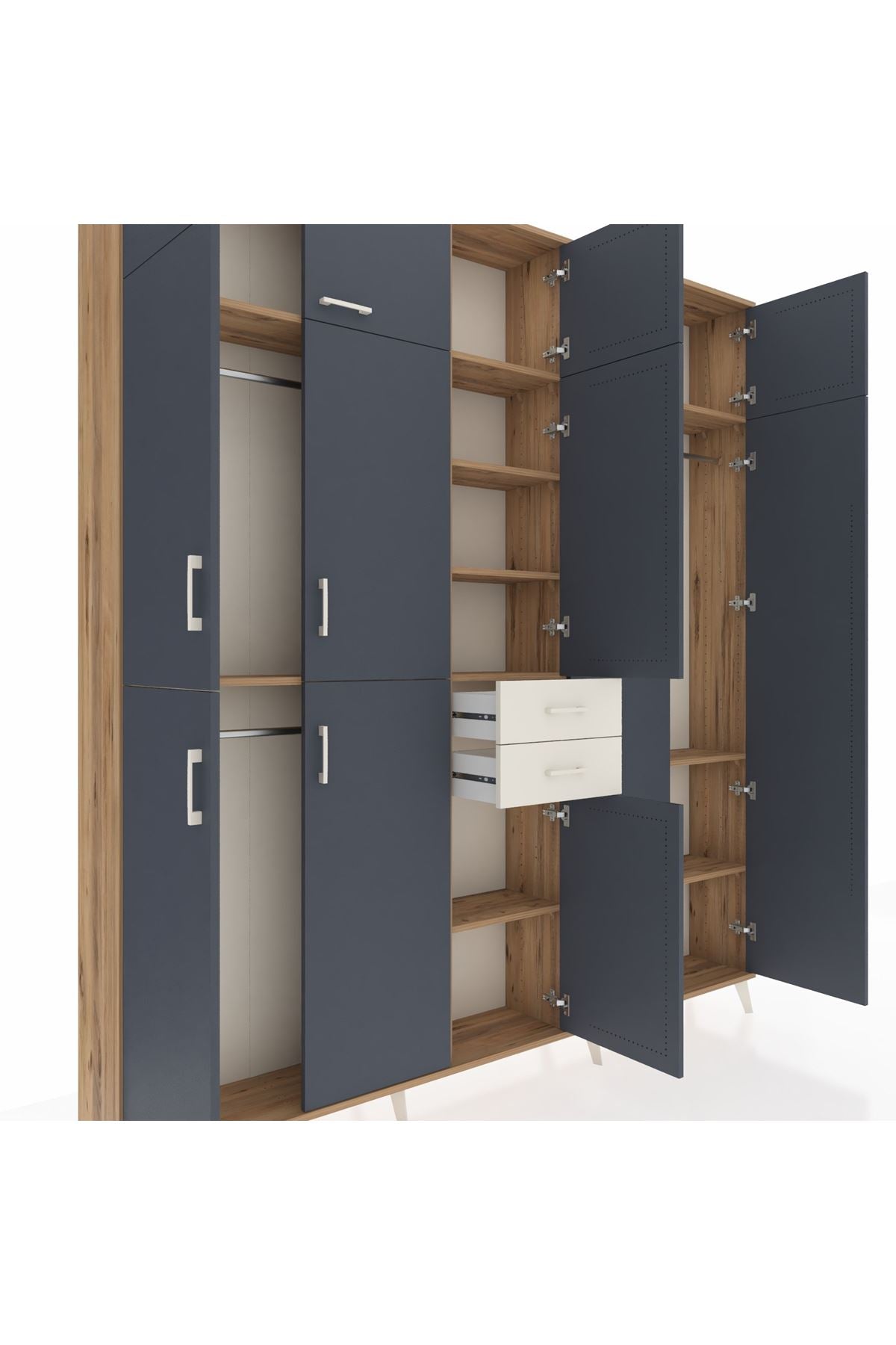 Arges Dolap 10 Raflı 2 Çekmeceli 3 Askılı 220x30x243 Çam-Antrasit/Aytaşı