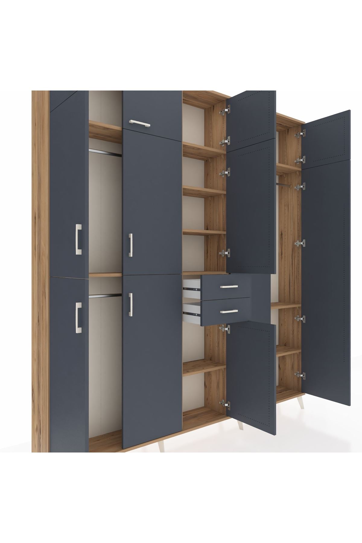 Arges Gardrop 10 Raflı 2 Çekmeceli 3 Askılı 220x30x243 Çam-Antrasit