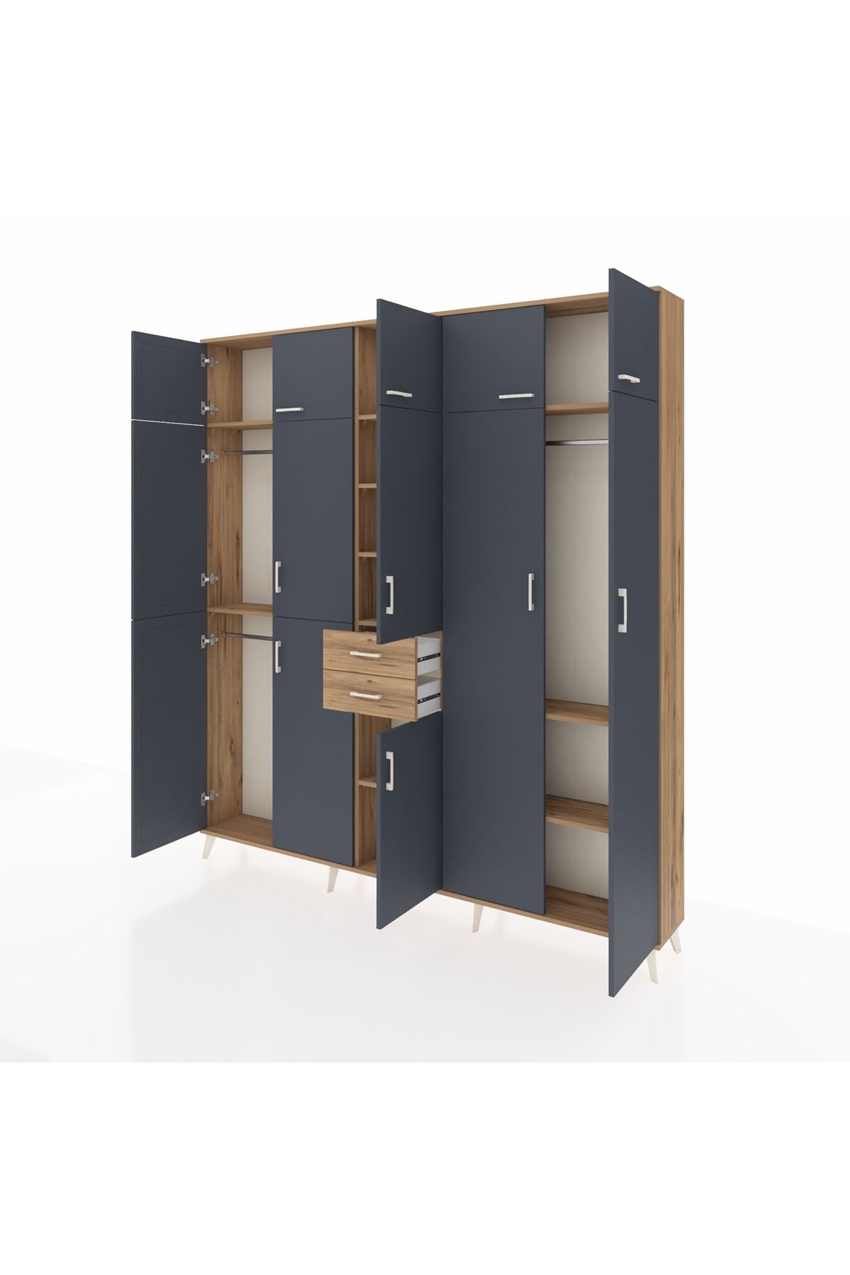 Arges Dolap 10 Raflı 2 Çekmeceli 3 Askılı 220x30x243 Çam-Antrasit/Çam