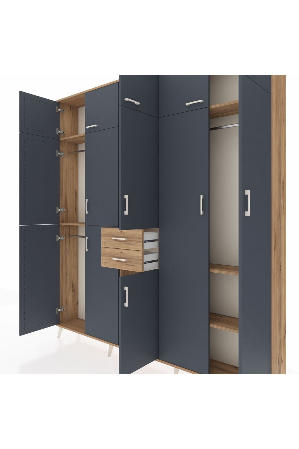 Arges Dolap 10 Raflı 2 Çekmeceli 3 Askılı 220x30x243 Çam-Antrasit/Çam