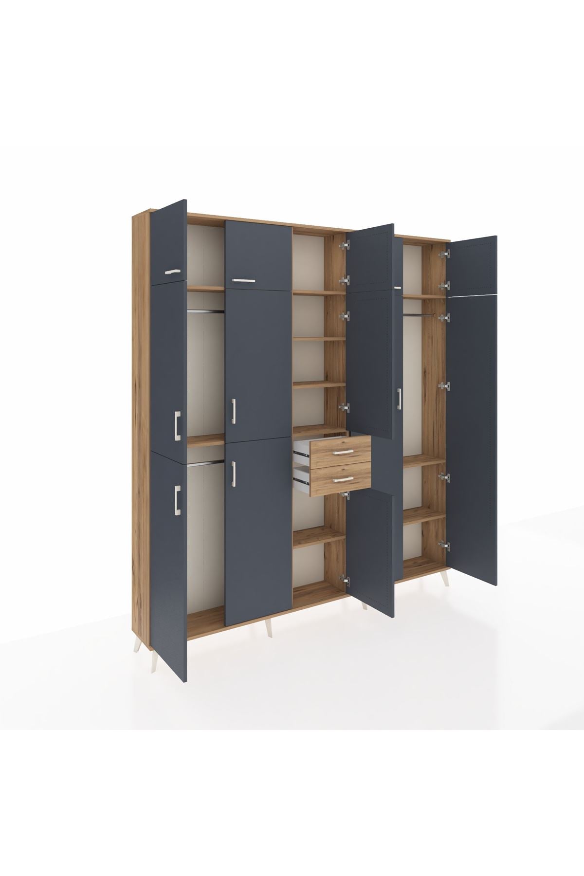 Arges Dolap 10 Raflı 2 Çekmeceli 3 Askılı 220x30x243 Çam-Antrasit/Çam