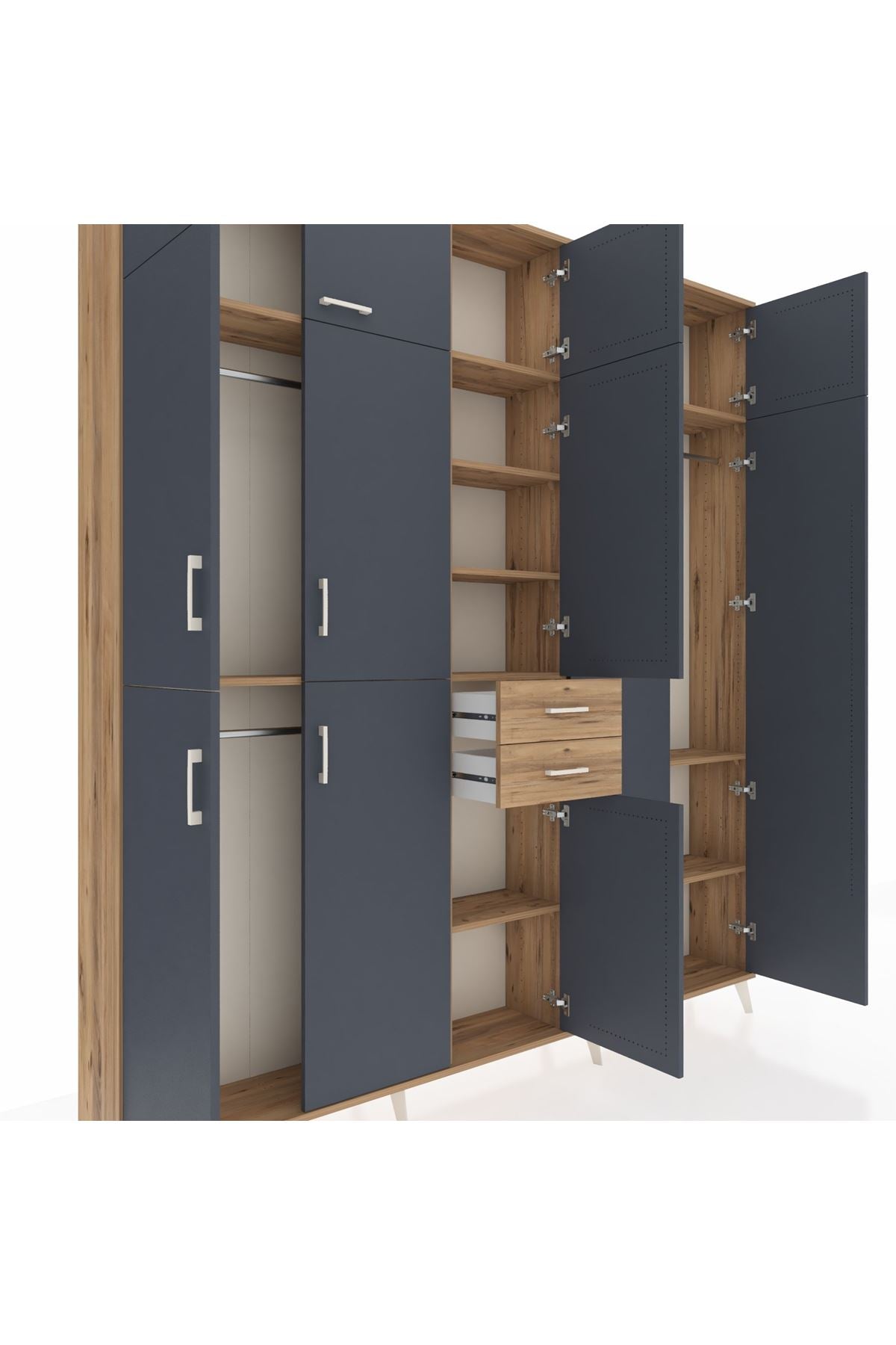 Arges Dolap 10 Raflı 2 Çekmeceli 3 Askılı 220x30x243 Çam-Antrasit/Çam