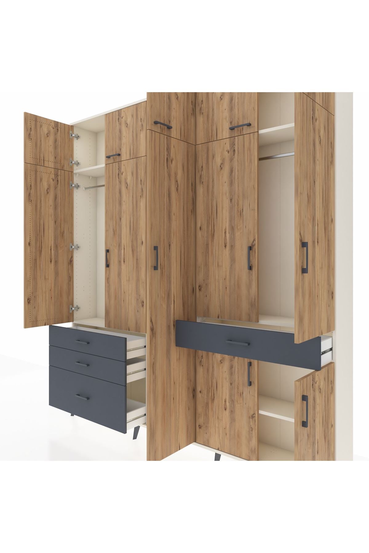 Arges Dolap 11 Raflı 4 Çekmeceli 2 Askılı 220x30x243 Aytaşı-Çam/Antrasit