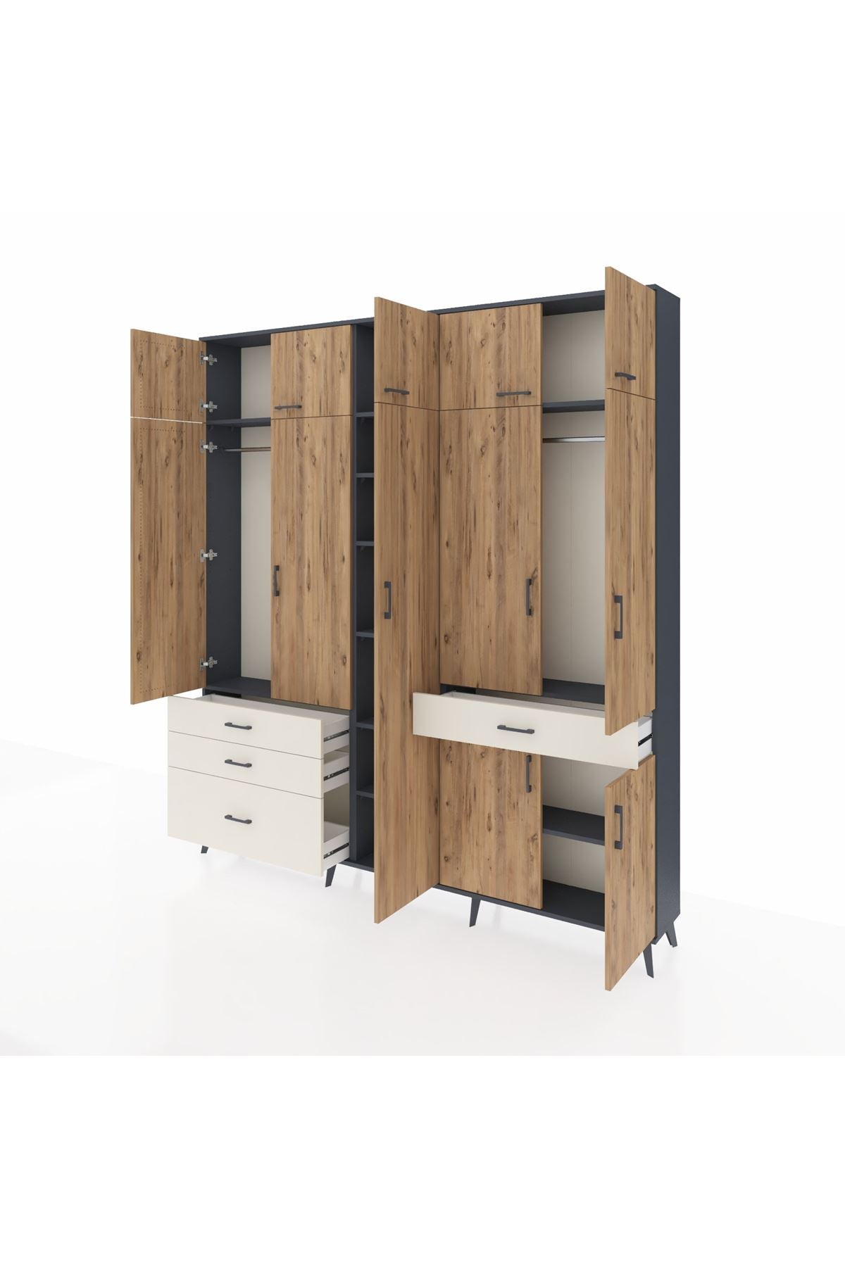 Arges Dolap 11 Raflı 4 Çekmeceli 2 Askılı 220x30x243 Antrasit-Çam/Aytaşı