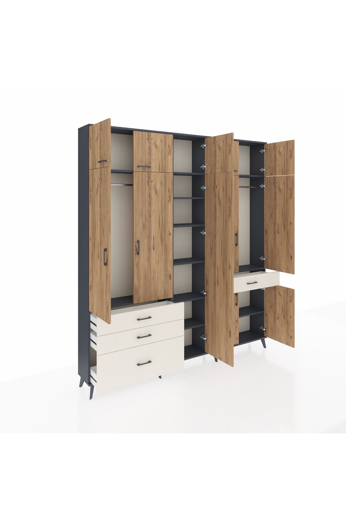 Arges Dolap 11 Raflı 4 Çekmeceli 2 Askılı 220x30x243 Antrasit-Çam/Aytaşı