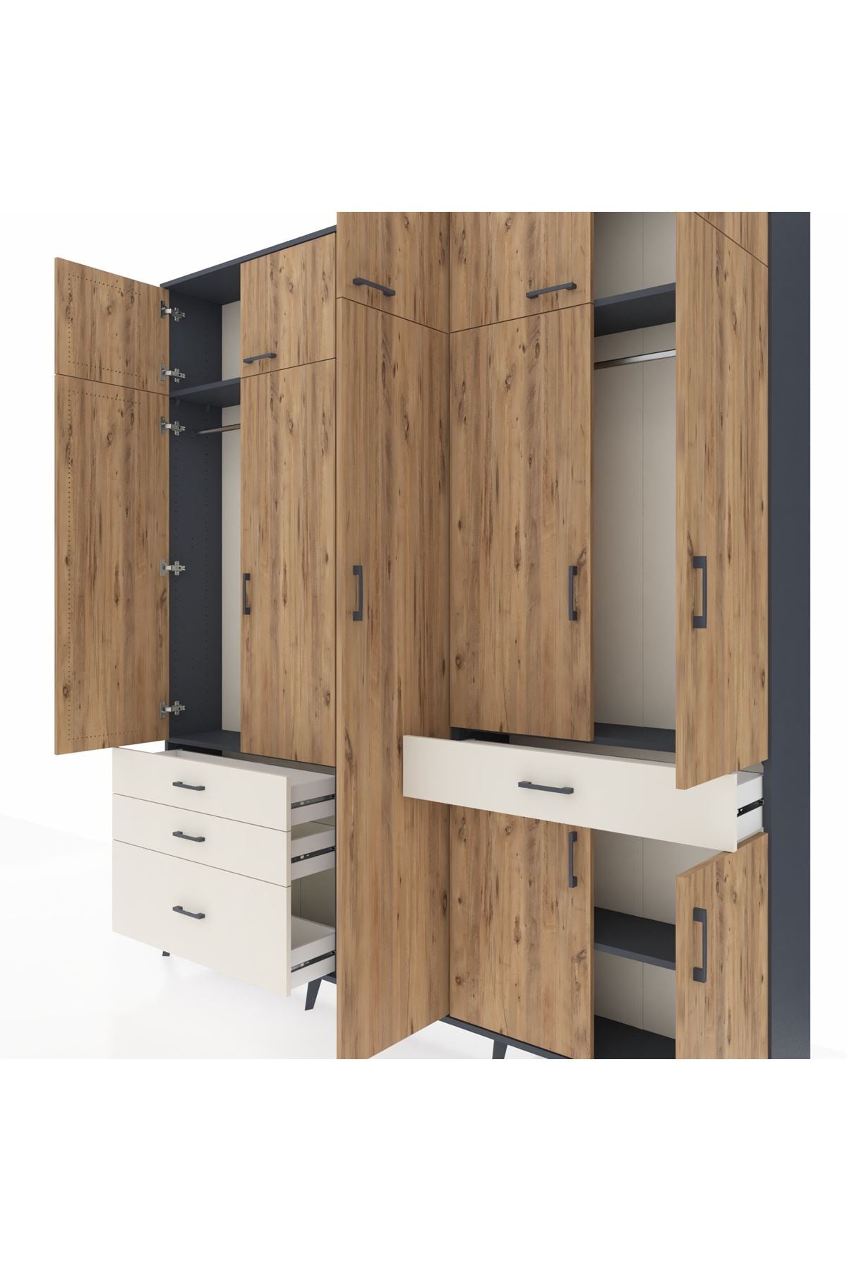 Arges Dolap 11 Raflı 4 Çekmeceli 2 Askılı 220x30x243 Antrasit-Çam/Aytaşı