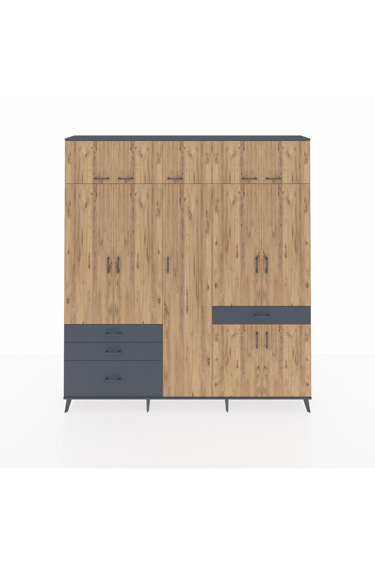 Arges Dolap 11 Raflı 4 Çekmeceli 2 Askılı 220x30x243 Antrasit-Çam/Antrasit