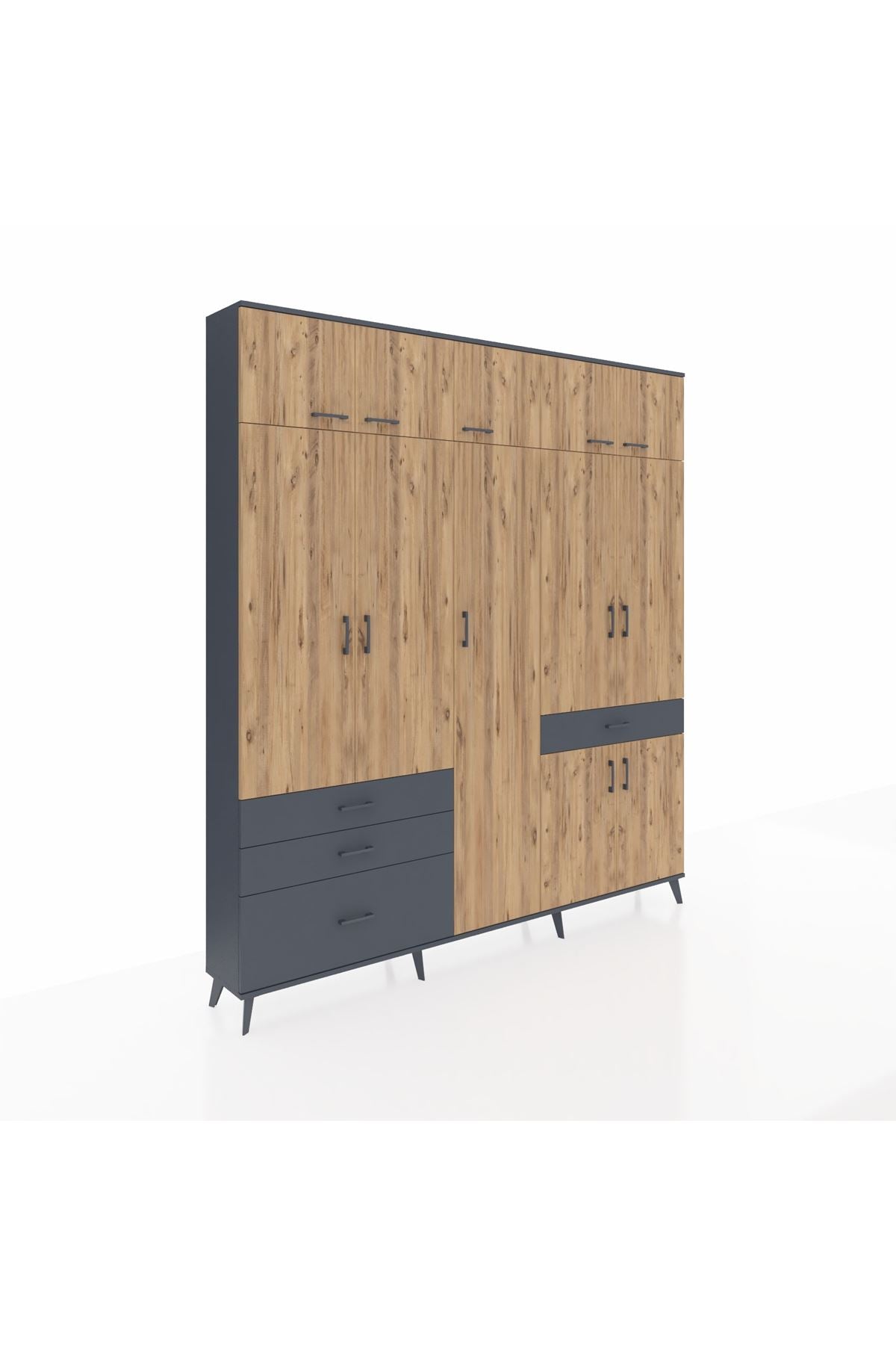 Arges Dolap 11 Raflı 4 Çekmeceli 2 Askılı 220x30x243 Antrasit-Çam/Antrasit