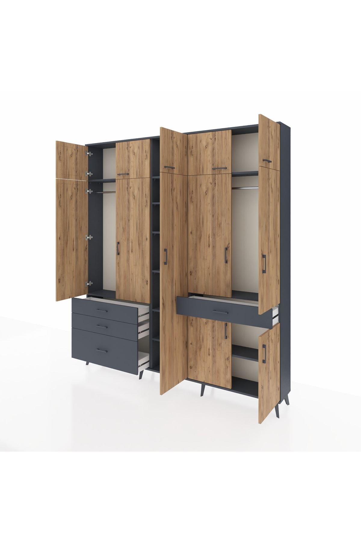 Arges Dolap 11 Raflı 4 Çekmeceli 2 Askılı 220x30x243 Antrasit-Çam/Antrasit