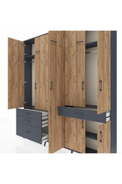 Arges Dolap 11 Raflı 4 Çekmeceli 2 Askılı 220x30x243 Antrasit-Çam/Antrasit