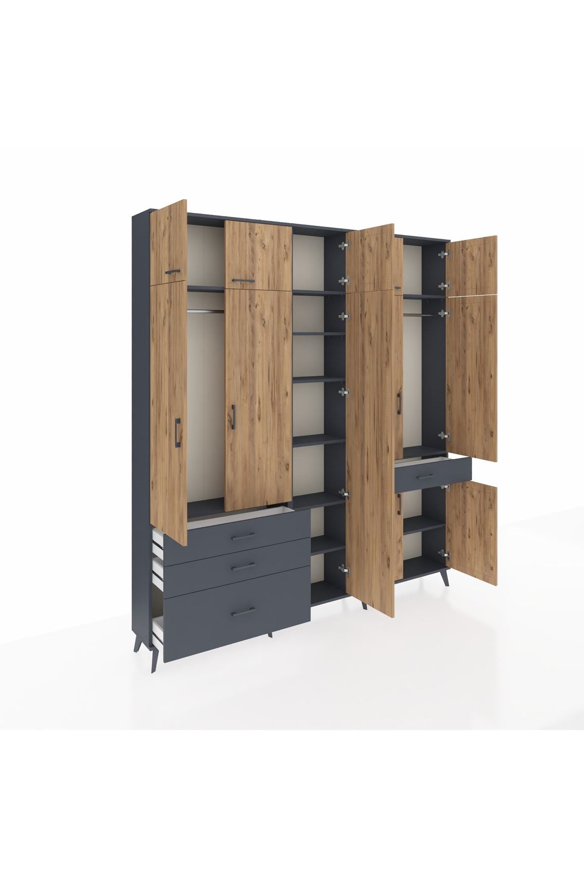 Arges Dolap 11 Raflı 4 Çekmeceli 2 Askılı 220x30x243 Antrasit-Çam/Antrasit