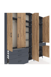 Arges Dolap 11 Raflı 4 Çekmeceli 2 Askılı 220x30x243 Antrasit-Çam/Antrasit