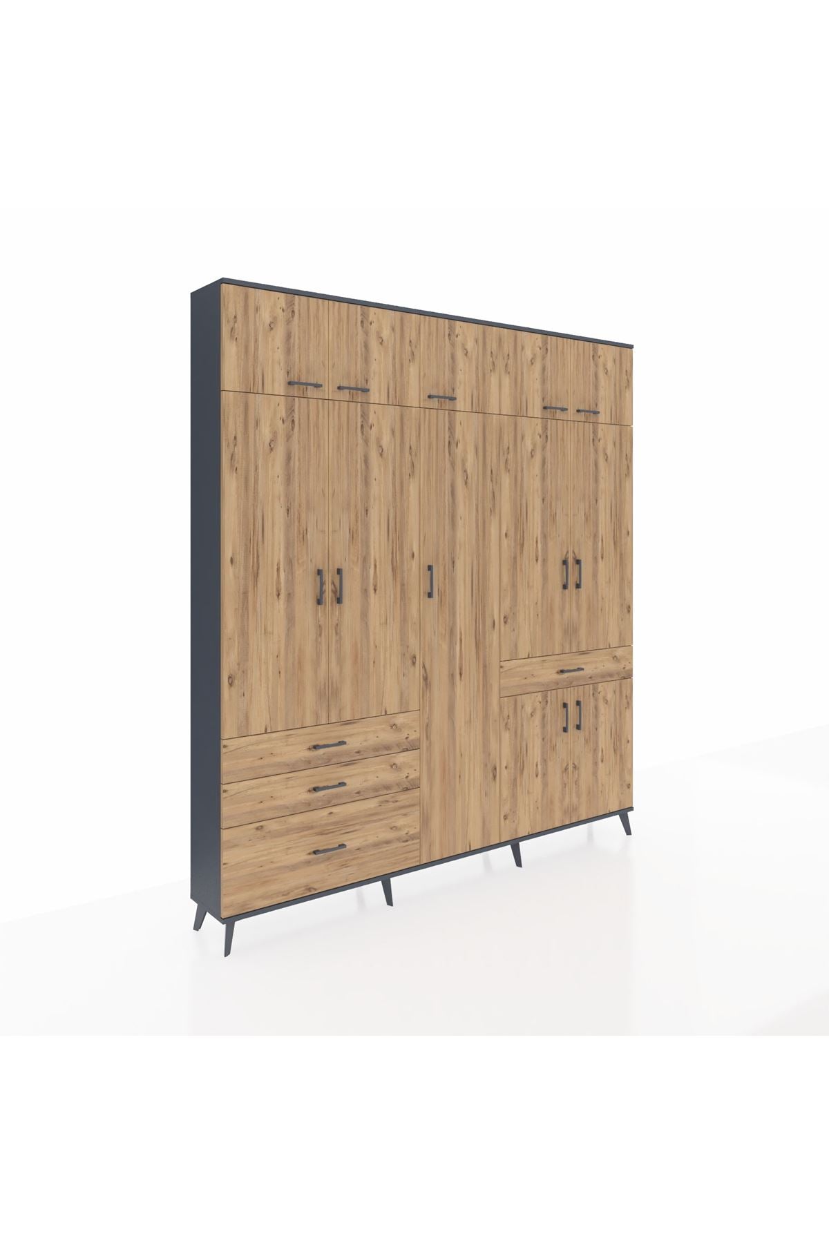 Arges Gardrop 11 Raflı 4 Çekmeceli 2 Askılı 220x30x243 Antrasit-Çam