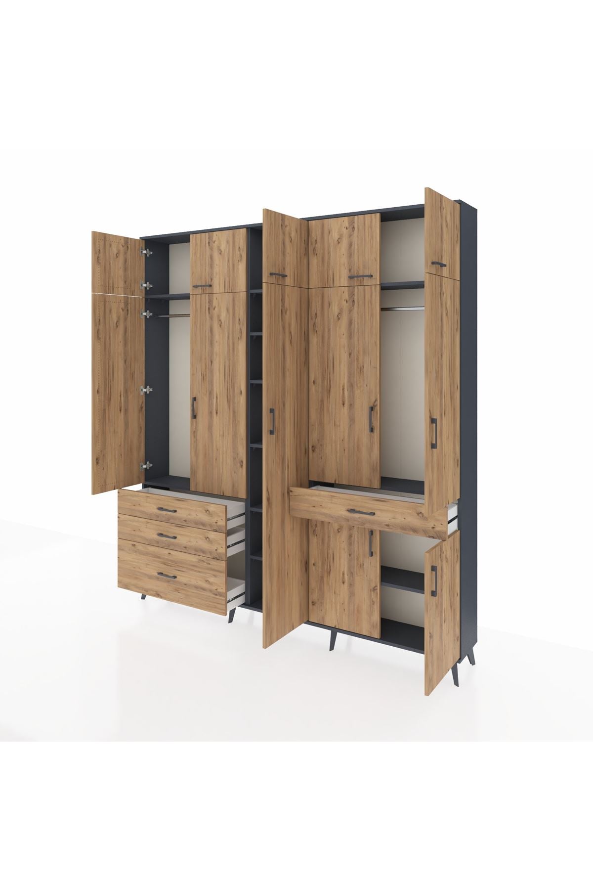 Arges Gardrop 11 Raflı 4 Çekmeceli 2 Askılı 220x30x243 Antrasit-Çam