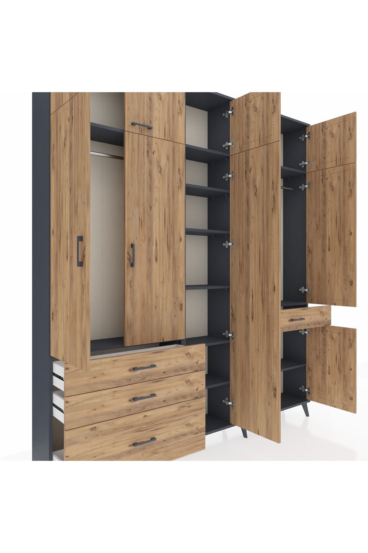 Arges Gardrop 11 Raflı 4 Çekmeceli 2 Askılı 220x30x243 Antrasit-Çam