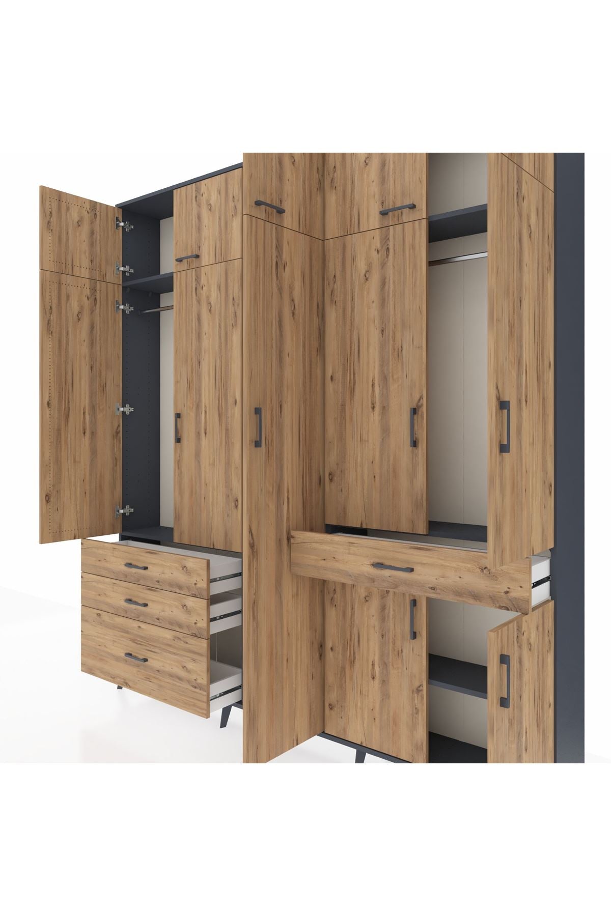 Arges Gardrop 11 Raflı 4 Çekmeceli 2 Askılı 220x30x243 Antrasit-Çam