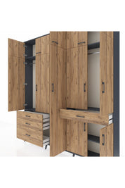 Arges Gardrop 11 Raflı 4 Çekmeceli 2 Askılı 220x30x243 Antrasit-Çam