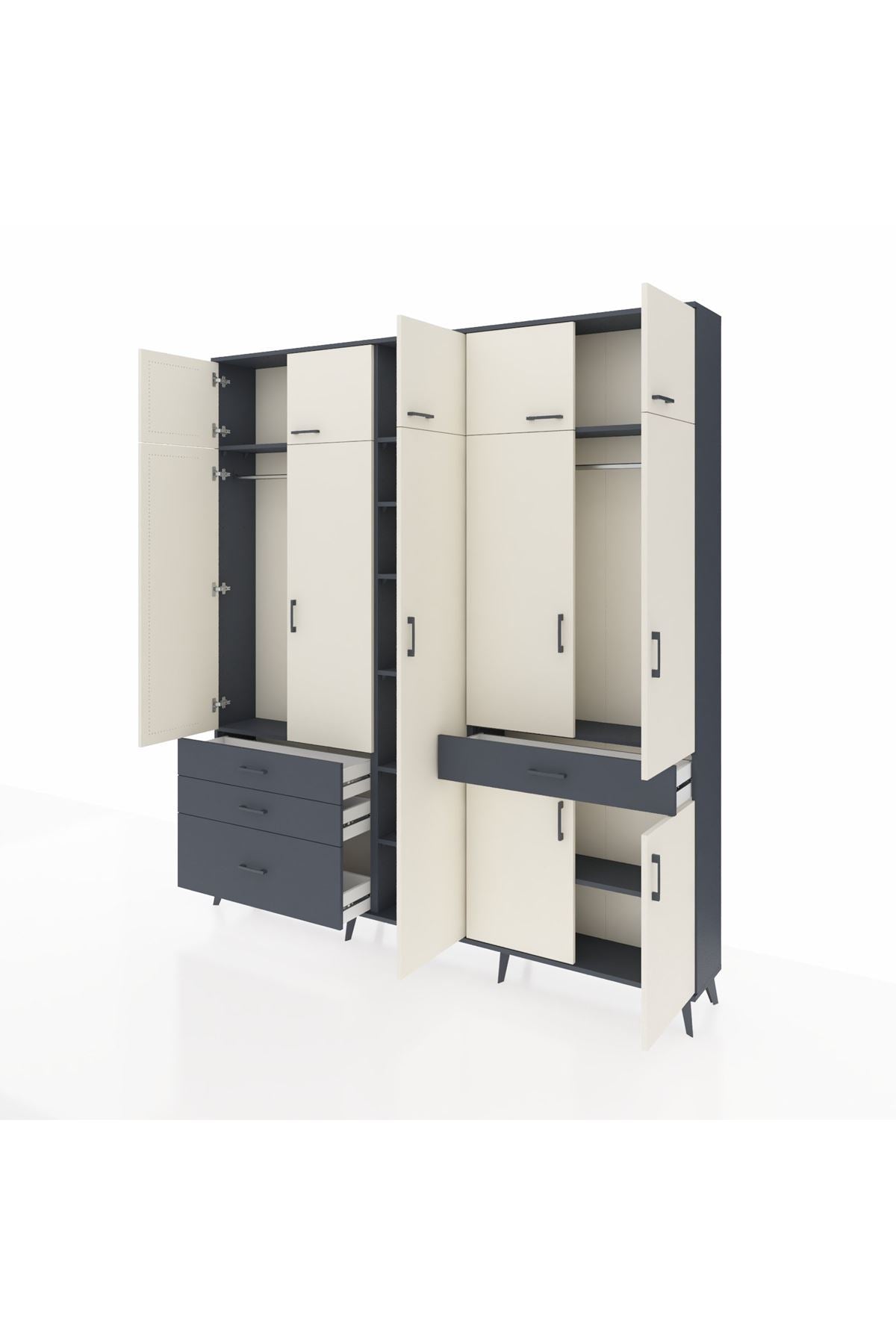 Arges Dolap 11 Raflı 4 Çekmeceli 2 Askılı 220x30x243 Antrasit-Aytaşı/Antrasit