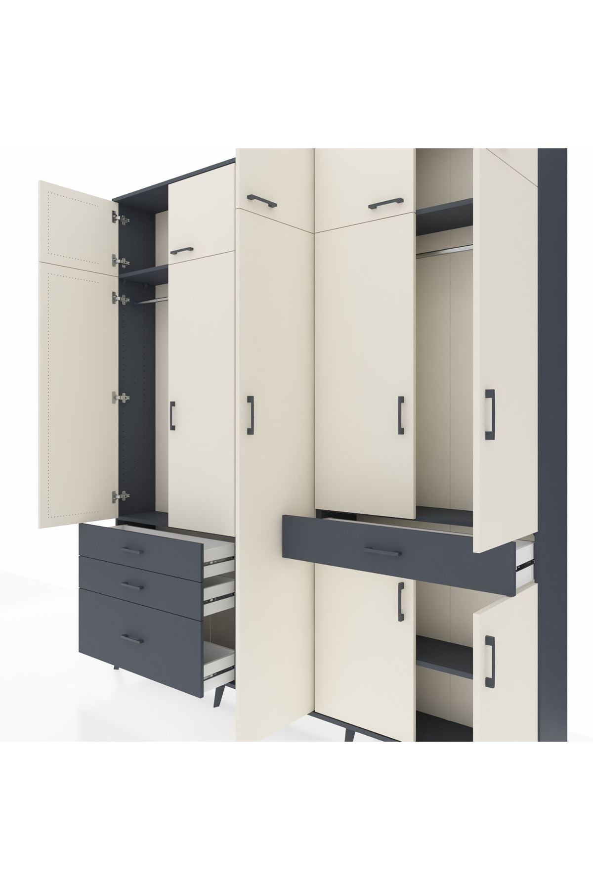 Arges Dolap 11 Raflı 4 Çekmeceli 2 Askılı 220x30x243 Antrasit-Aytaşı/Antrasit