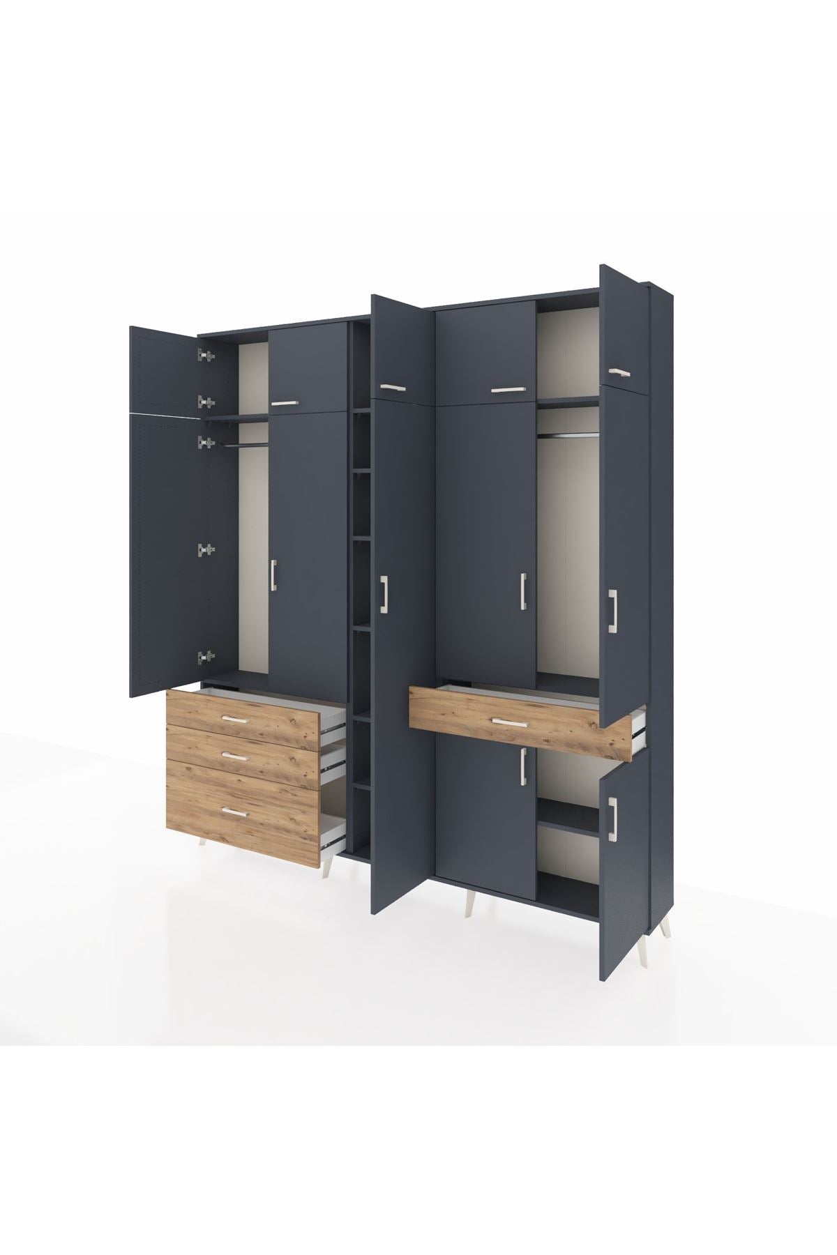 Arges Dolap 11 Raflı 4 Çekmeceli 2 Askılı 220x30x243 Antrasit-Antrasit/Çam