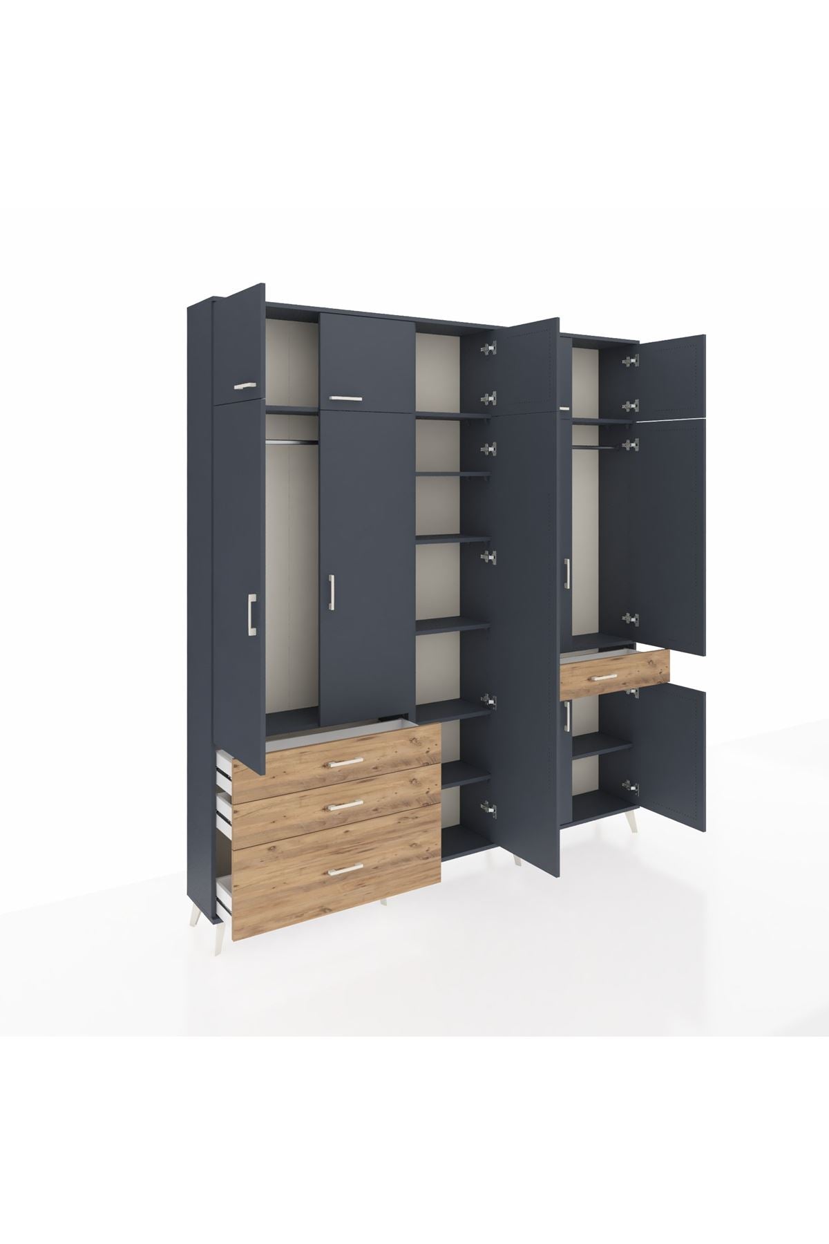 Arges Dolap 11 Raflı 4 Çekmeceli 2 Askılı 220x30x243 Antrasit-Antrasit/Çam